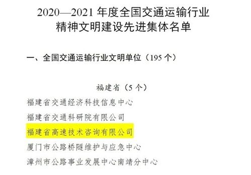福建高速技術(shù)咨詢公司榮獲全國交通運(yùn)輸行業(yè)精神文明建設(shè)先進(jìn)集體榮譽(yù)稱號(hào)